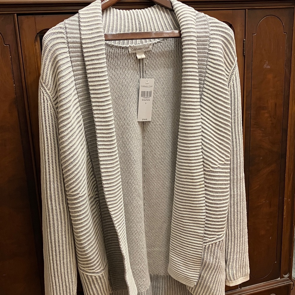Coldwater Creek Cream and Gray Open-Front Cardigan
